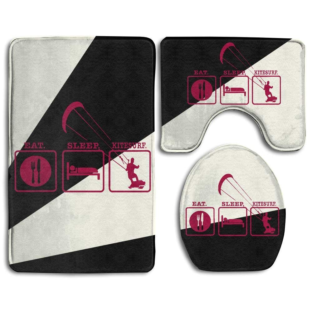 GOHAO Eat Sleep Kitesurf Kitesurfing Boarding Surfinger 3 Piece Bathroom Rugs Set Bath Rug Contour Mat and Toilet Lid Cover