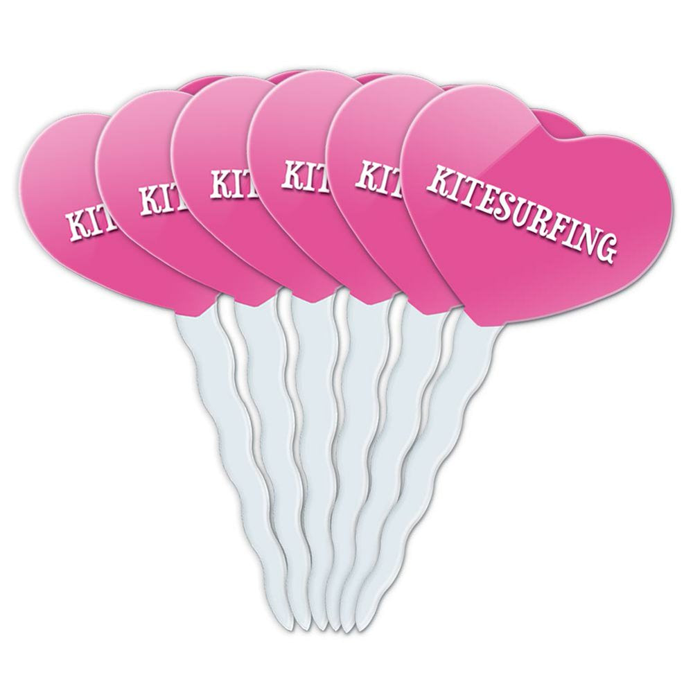 Kitesurfing Heart Love Cupcake Picks Toppers - Set of 6