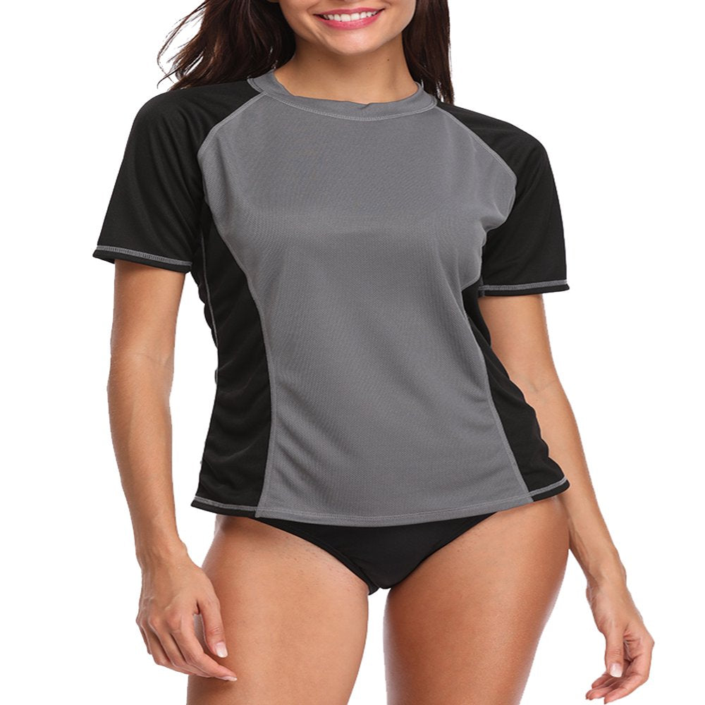 Women'S Contrast Color Rash Guard Swimwear UPF 50+ Stretch Surfing Top Swim Shirt