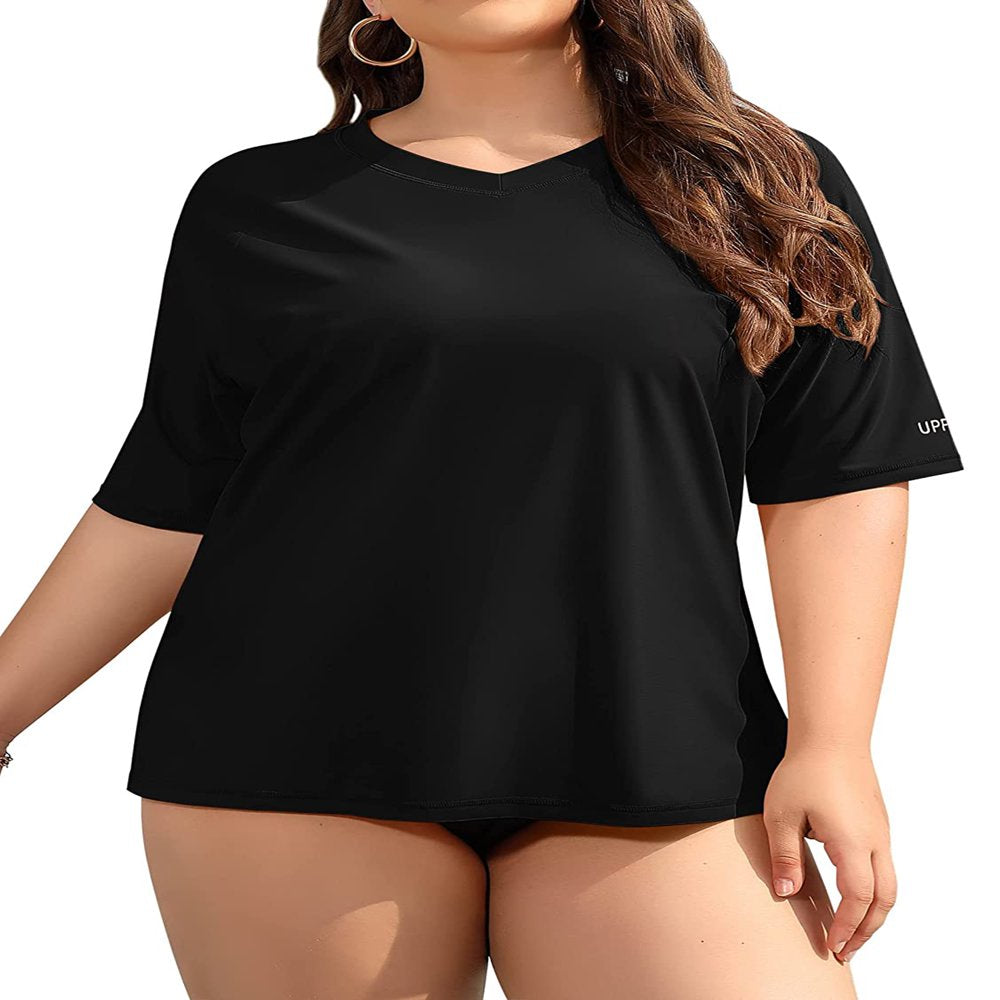 Charmo Women plus Size Rash Guard Short Sleeve Swim Shirt Rashguard Swimwear Top
