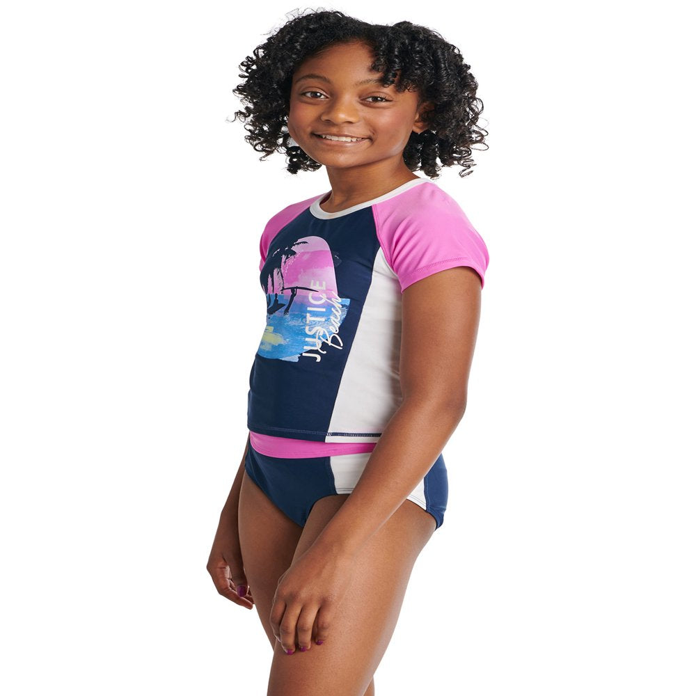 Justice Girls 2 Piece Colorblock Short Sleeve Graphic Rashguard Swimsuit, Sizes 5-18