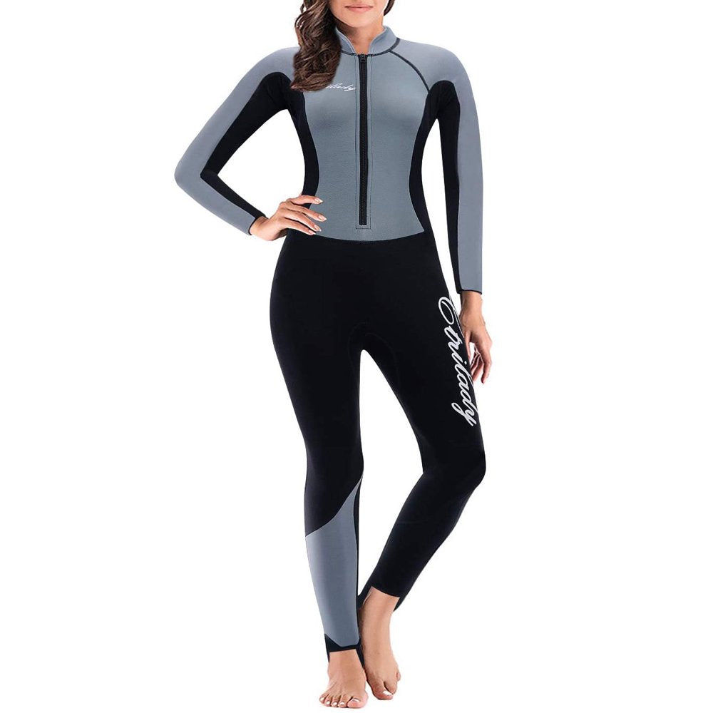 Nebility Wetsuit for Women Full Wetsuit 2Mm Neoprene Long Sleeve Wetsuit with Front Zipper UV Protection Full Body Swimsuit Swim Diving Surf Kayak Snorkeling(Blue X-Large)
