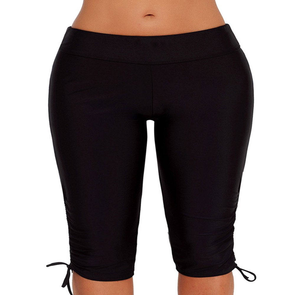 SAYFUT Women Classic Knee Length Pants High Waist Swimsuit Long Swim Shorts Skinny Surfing Tights with Side Drawstring Swim Bottom