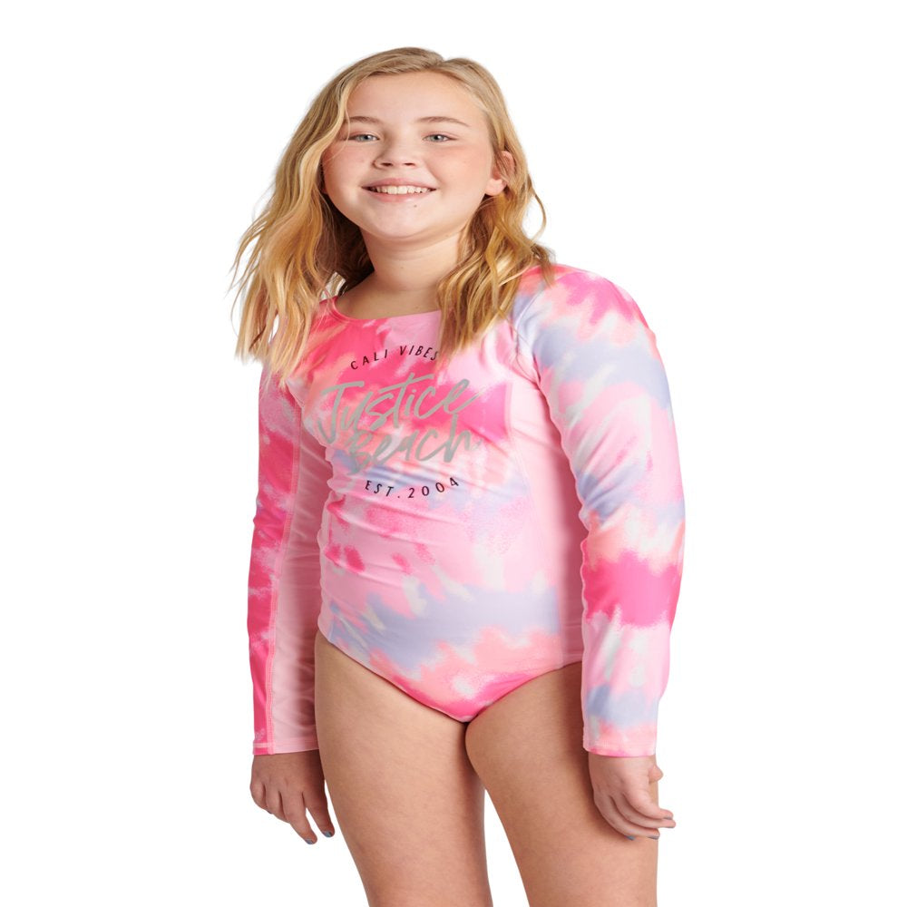 Justice Girls 1 Piece Long Sleeve Rashguard Swimsuit, Sizes 5-18