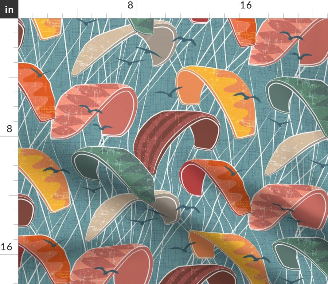 Spoonflower Fabric - Kite-Surfing Fly Water Summer Ocean Sports Surfing Boardsports Printed on Fleece Fabric by the Yard - Sewing Blankets Loungewear and No-Sew Projects