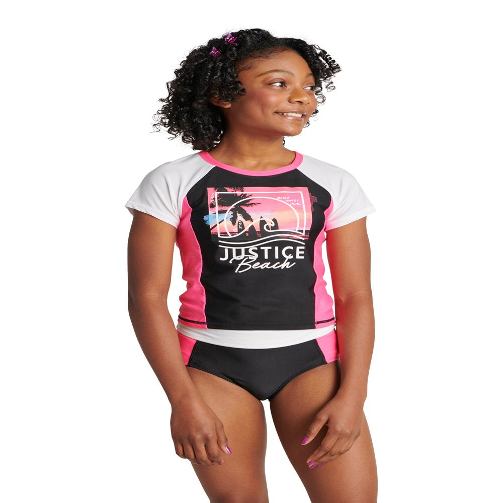Justice Girls 2 Piece Colorblock Short Sleeve Graphic Rashguard Swimsuit, Sizes 5-18