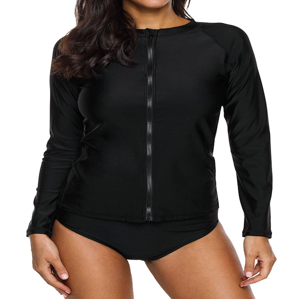 Charmo Women'S Zip Front Long Sleeve Swimsuits Rash Guard Top Sun Protection Swim Shirt