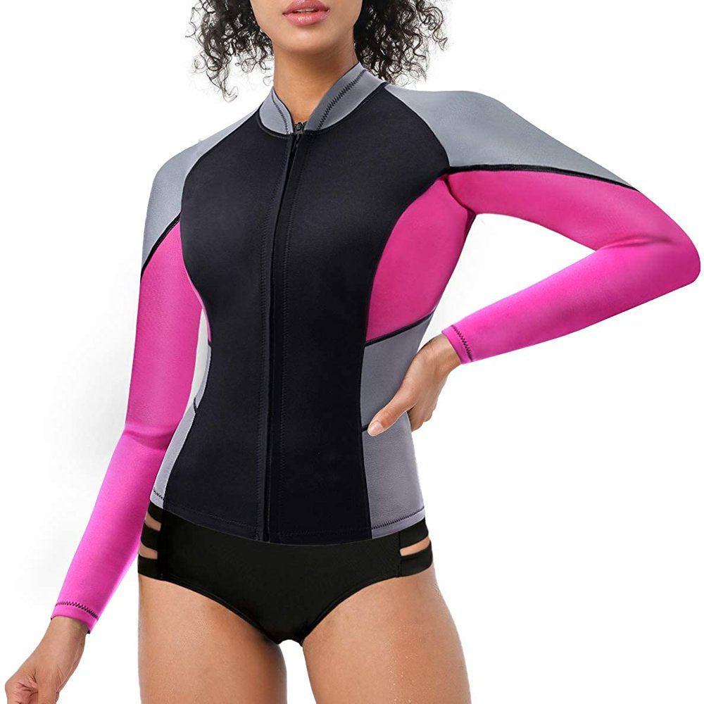 Molutan Wetsuit Top Women Wetsuit Long Sleeve Jacket, Neoprene 1.5Mm High-Necked Wetsuits with Front Zipper for Swimming Diving Surfing Boating Kayaking Snorkeling(Pink, M）