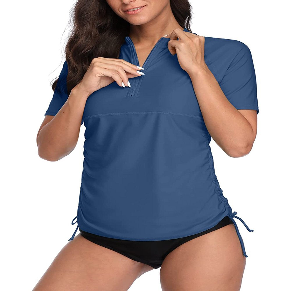 Charmo Women Short Sleeve Rash Guard Shirts Half-Zip Adjustable Drawstring UPF 50+ Swim Shirt