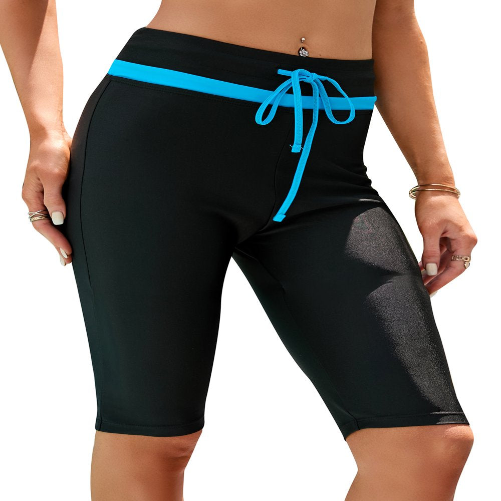 SAYFUT Women Classic Knee Length Pants High Waist Swimsuit Long Swim Shorts Skinny Surfing Tights with Side Drawstring Swim Bottom