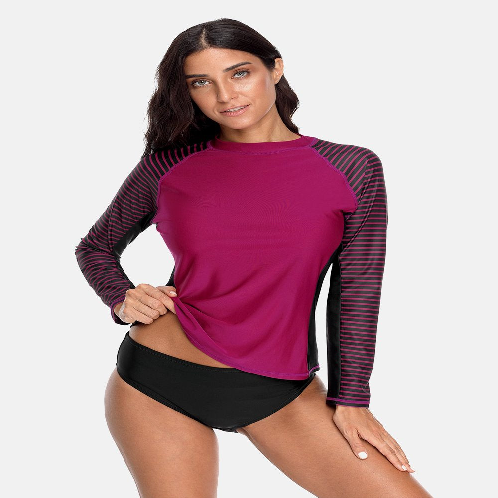 Charmo Women'S Long Sleeve Rashguard UPF 50 Sun Protection Swimsuit Top Striped Swim Shirts