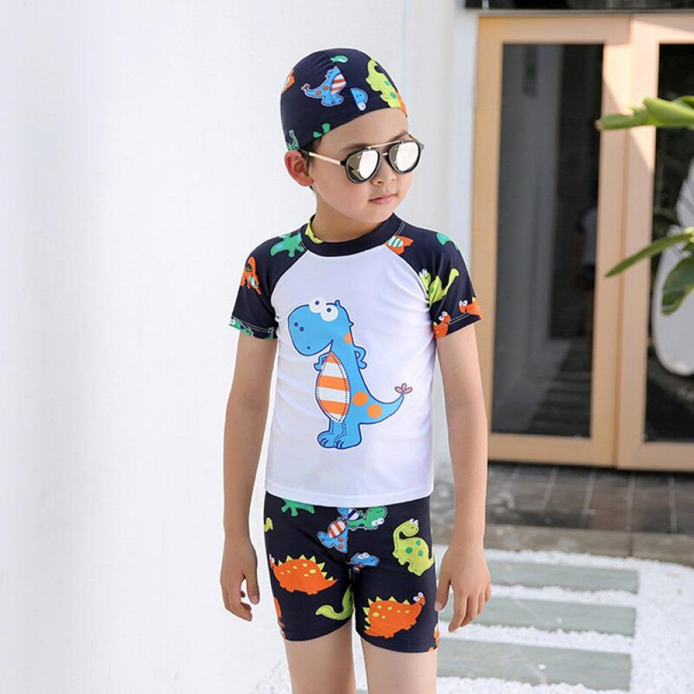 BTGUY Summer Boys Swimsuit Cartoon Print Swim Trunks + Swimsuit + Swimming Cap Three-Piece Suits Sunga Masculina