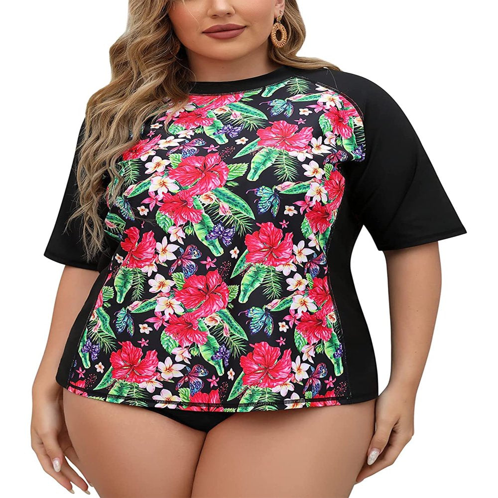 Charmo Women plus Size Rash Guard Short Sleeve Swim Shirt Rashguard Swimwear Top