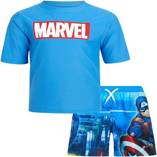 Marvel Boys' Avengers UPF 50+ Rash Guard Set - Captain America, Iron Man Swim Shirt and Trunks (2T-12)