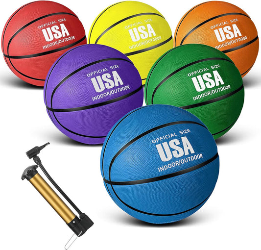 6 Pcs Rubber Basketballs Official Size Bulk Streetballs Multicolor Basket Balls with Pump Plain Basketball Set for Adult Youth Boys Girls Gifts Indoor Outdoor Training Practice Games