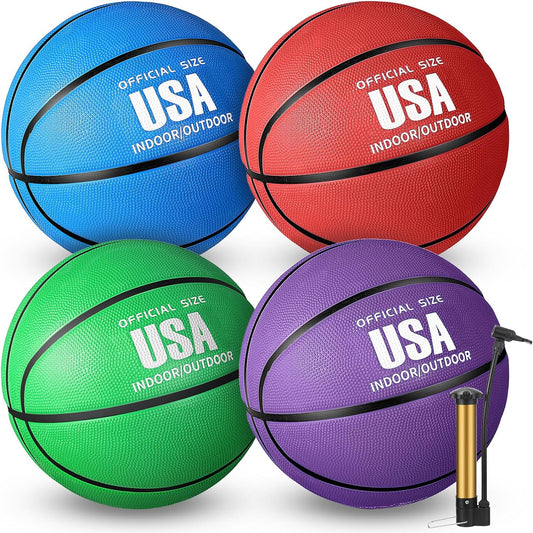 4 Pack Basketballs Official Size Rubber Basketballs for Kids Women or Men with Pump for Indoor Outdoor School Basketball Game Street Ball Training