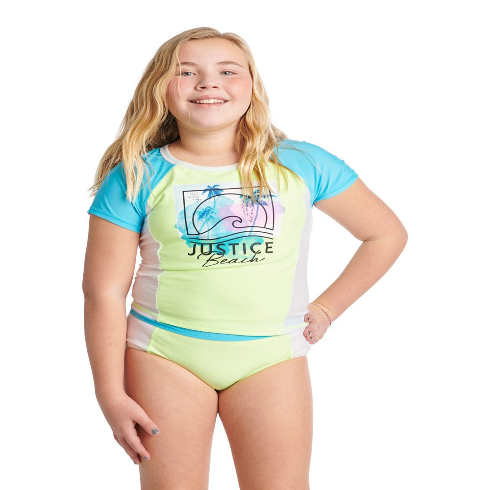 Justice Girls 2 Piece Colorblock Short Sleeve Graphic Rashguard Swimsuit, Sizes 5-18