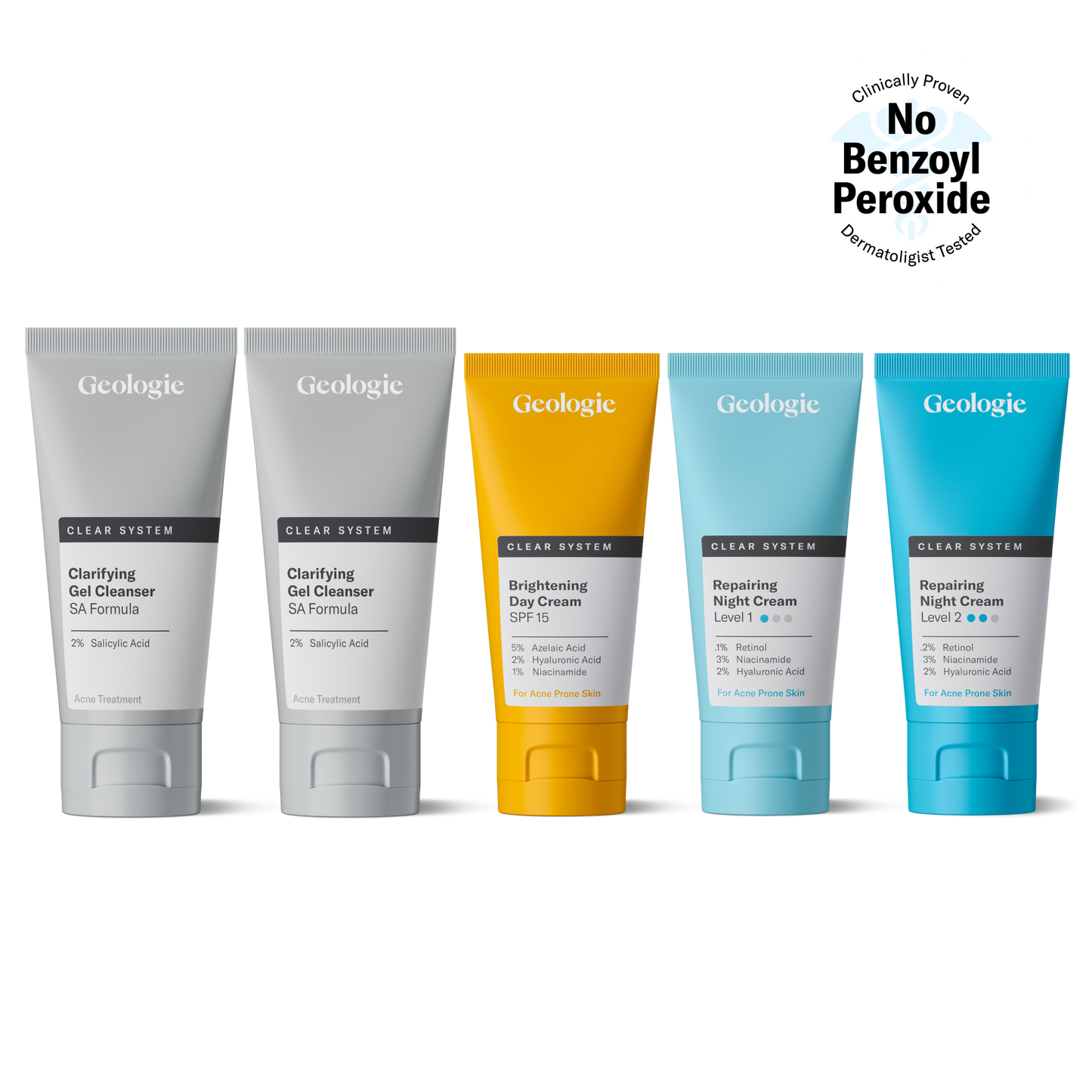 A collection of five Geologie Clear System skincare products displayed in a line, featuring acne-clearing trio cleansers, moisturizer, and night cream with salicylic acid.