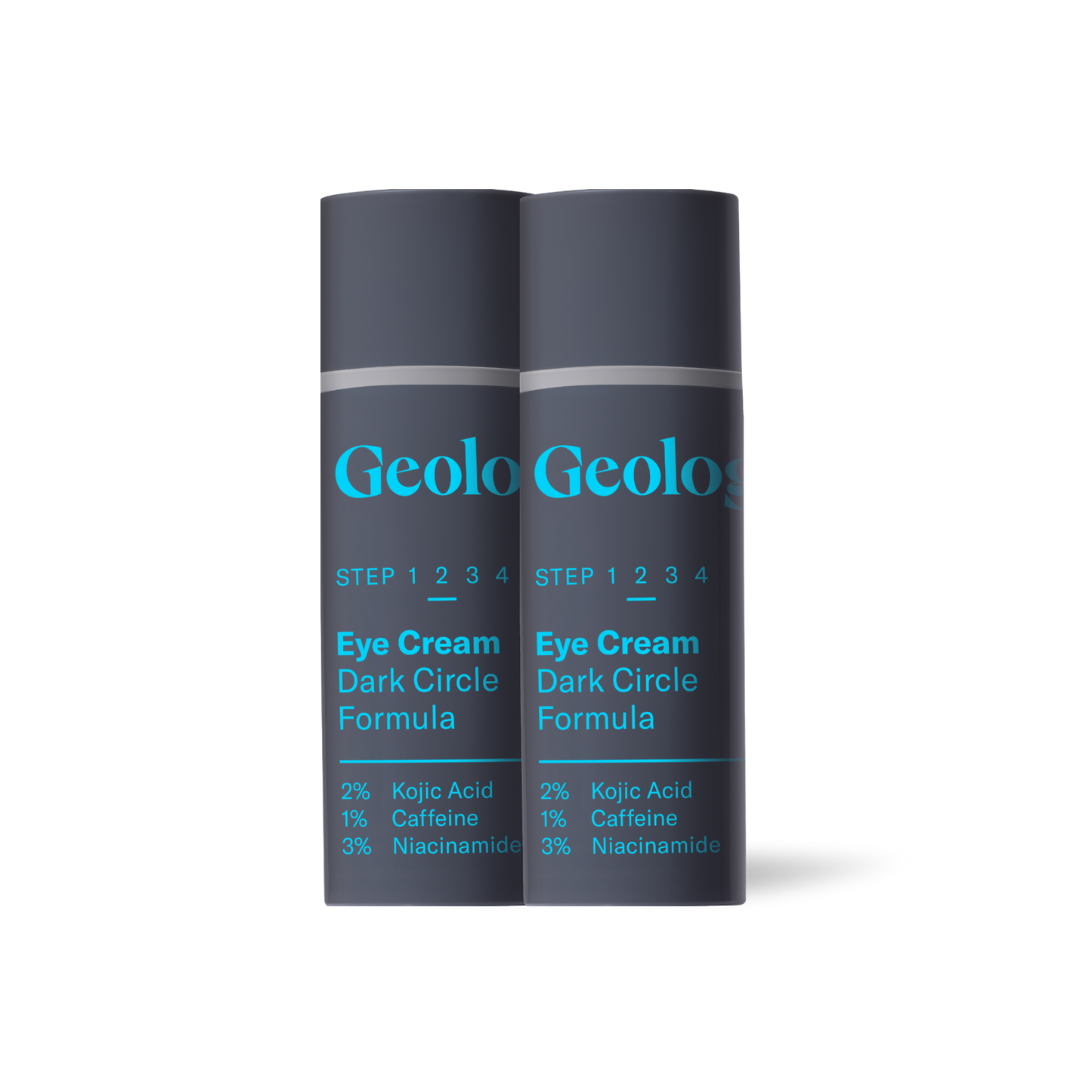 Two bottles of Geologie Eye Cream - Dark Circle Formula for delicate skin and dark circle treatment, with key ingredients kojic acid, niacinamide, and antioxidants listed.