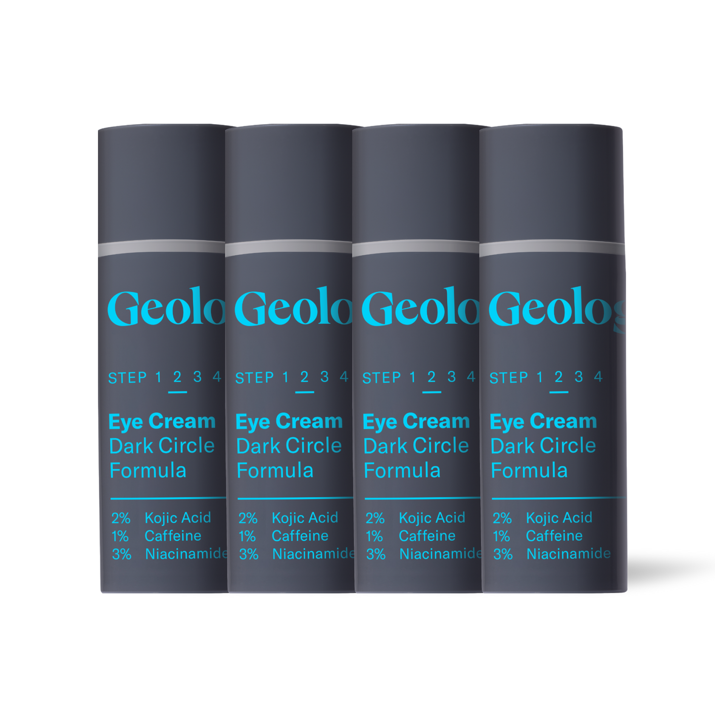 Four bottles of Geologie Eye Cream - Dark Circle Formula for delicate skin arranged side by side.