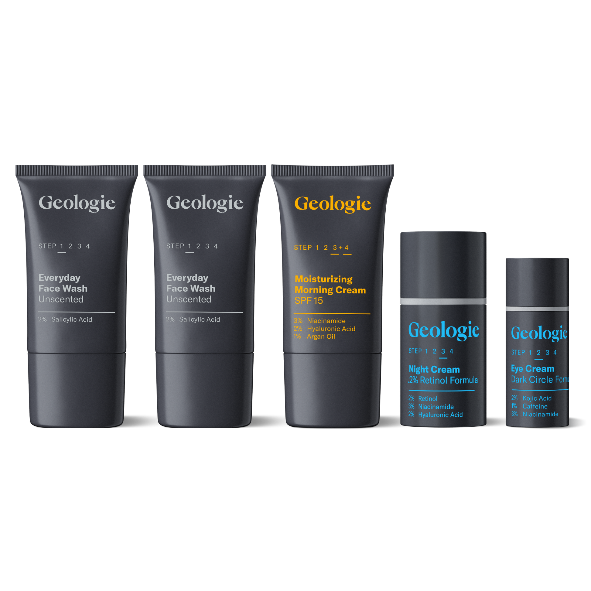 A set of four Geologie skincare products, including a salicylic acid face wash, everyday sunscreen, moisturizing cream, and eye cream, arranged against a dark background.