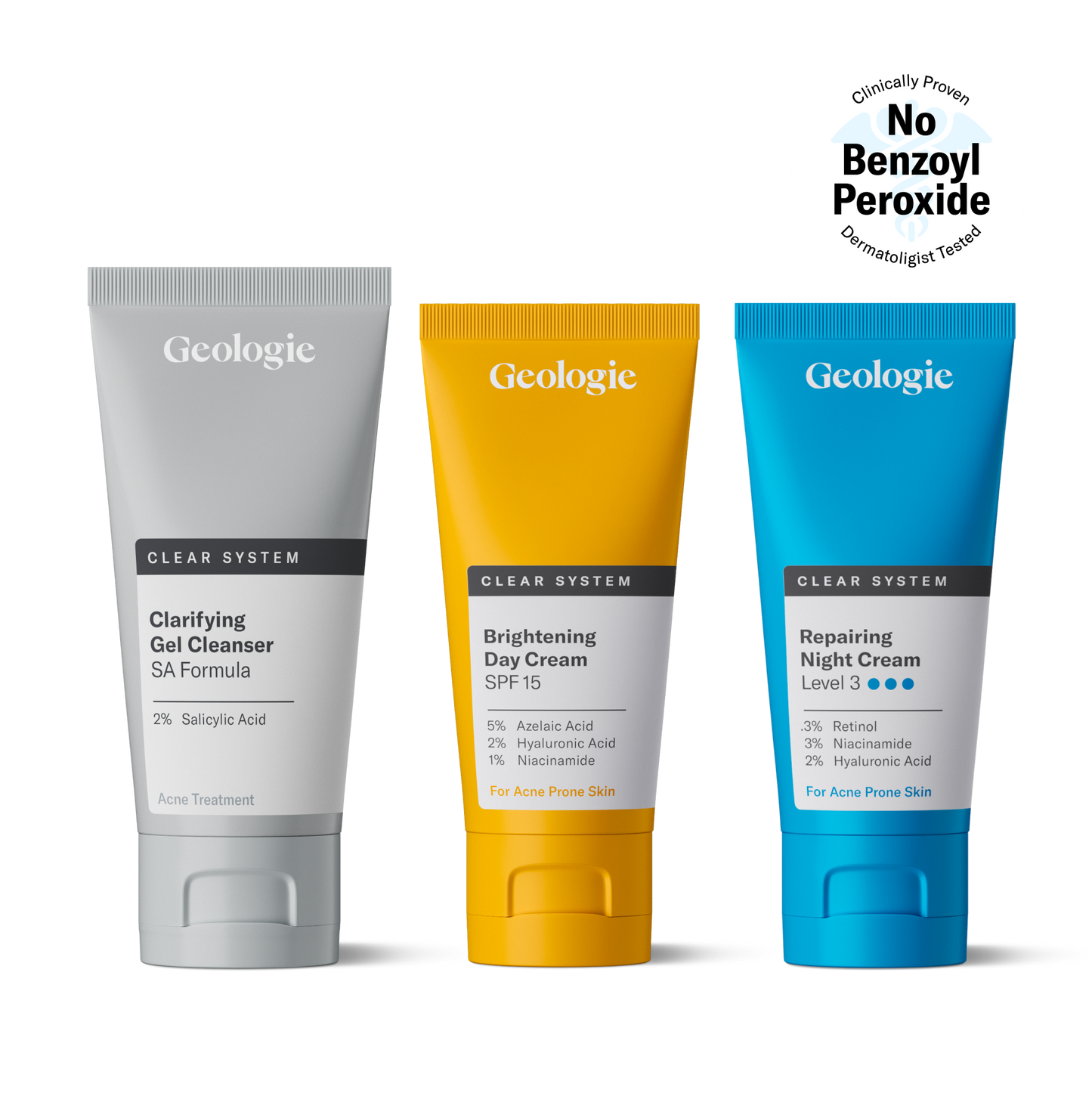 Three tubes of Geologie Clear System acne-clearing trio skincare products with different purposes: a salicylic acid gel, a brightening day cream with SPF 15, and a repairing night cream.