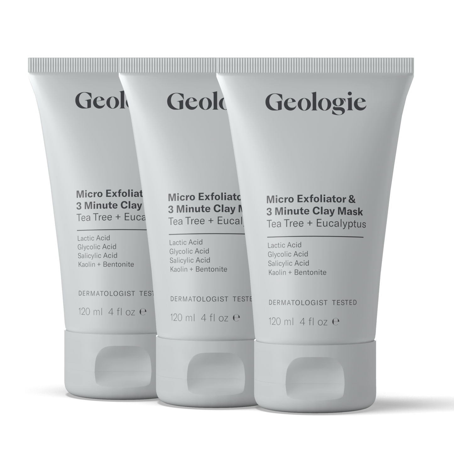 Three tubes of Geologie Micro Exfoliator & 3 Minute Clay Mask, dermatologist tested, 120 ml each.