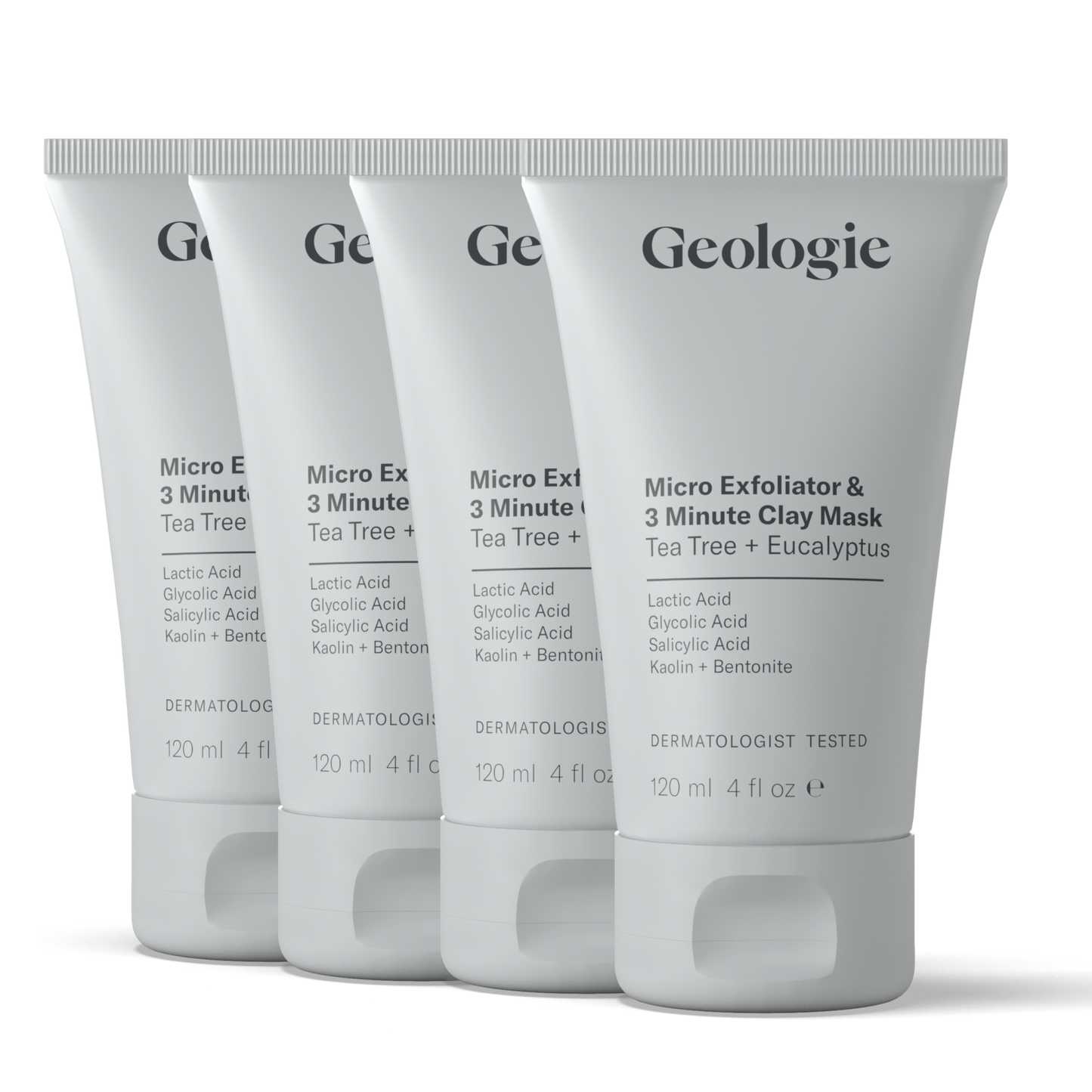 Four identical tubes of Geologie's Micro Exfoliator & 3 Minute Clay Mask skincare product on a transparent background.