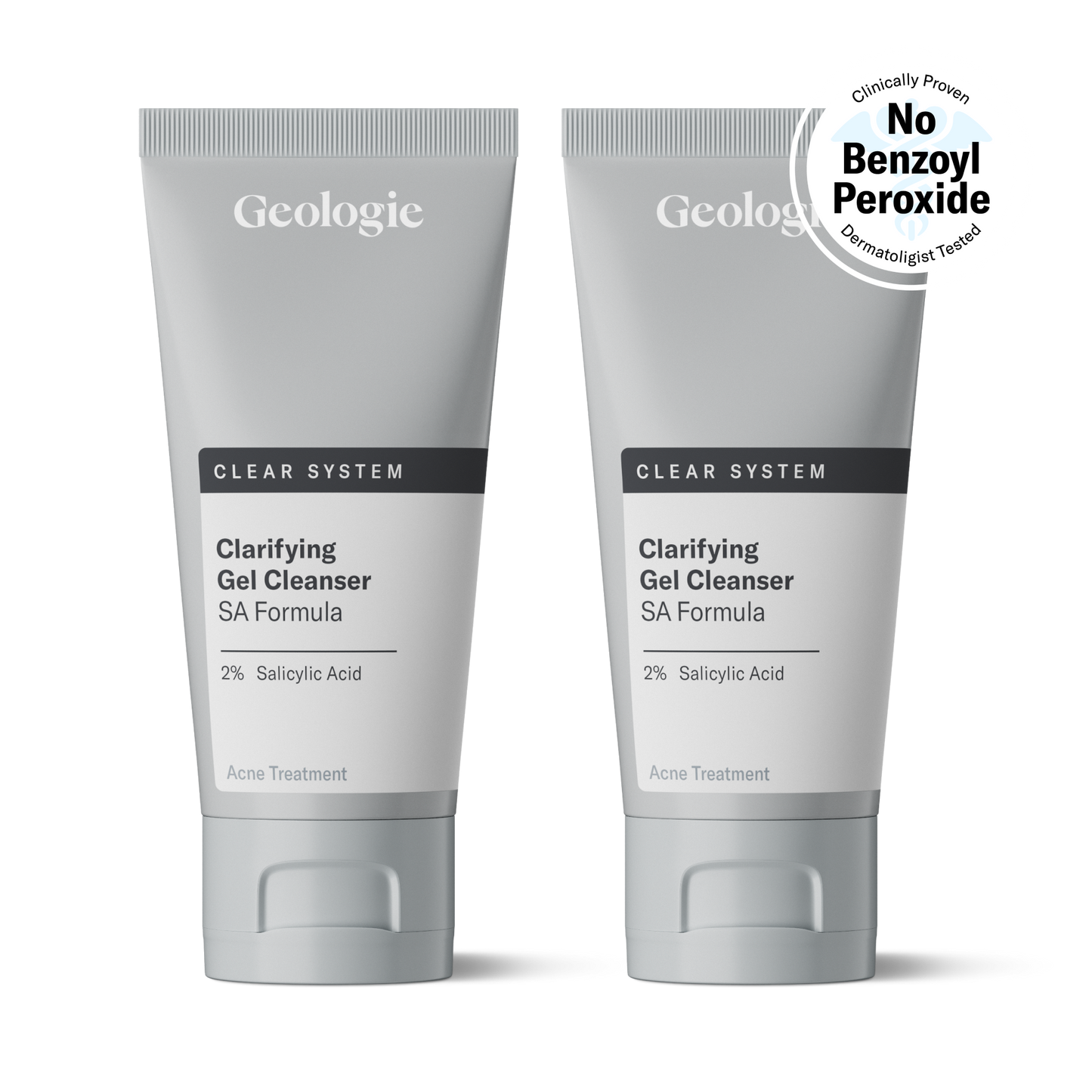 Two tubes of Geologie Clear System - Clarifying Gel Cleanser with 2% salicylic acid for acne treatment, positioned side by side against a transparent background.
