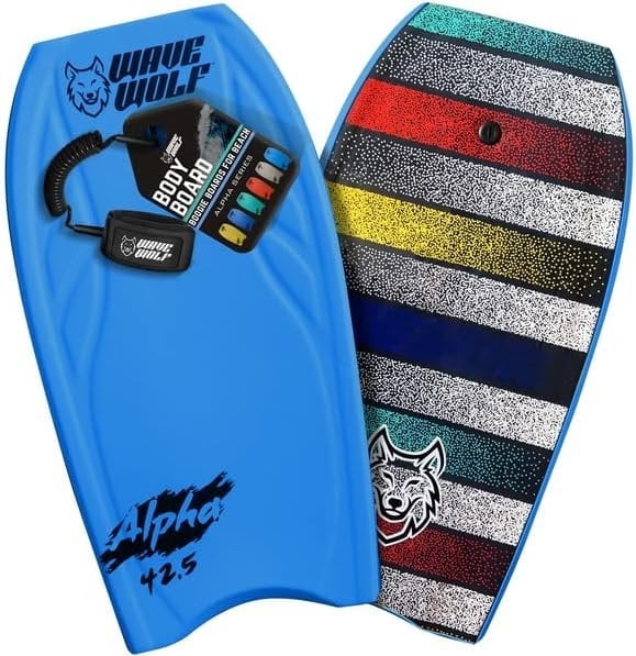 WAVEWOLF 42.5' Hardslick Pro Body Board - Arctic Blue with Wrist Leash