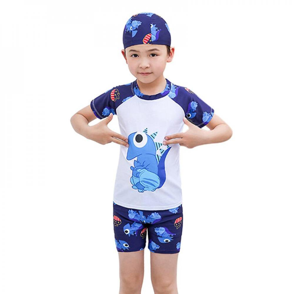 BTGUY Summer Boys Swimsuit Cartoon Print Swim Trunks + Swimsuit + Swimming Cap Three-Piece Suits Sunga Masculina