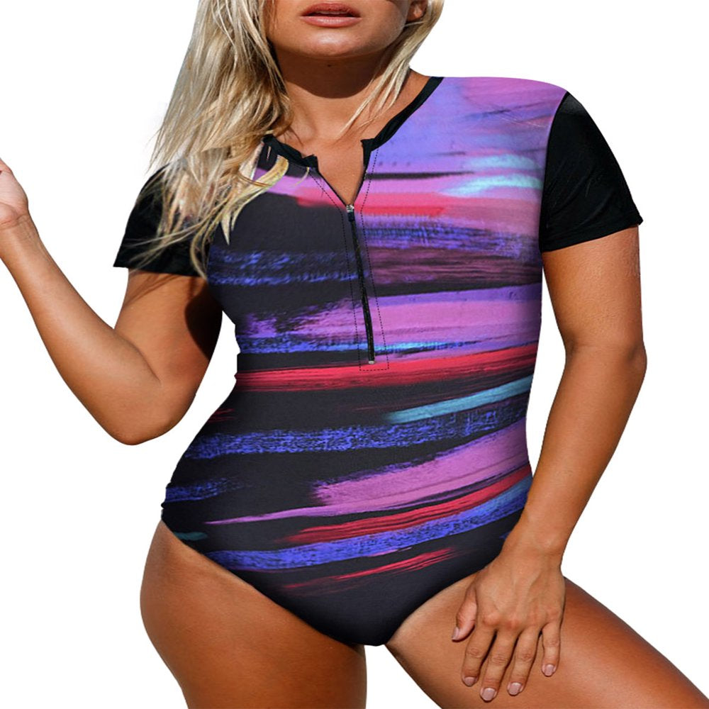 Dokotoo Women'S Zip Front Printed Half Sleeve One Piece Swimsuit Sexy Summer Beachwear Sports Surfing Bathing Suit S-XXL