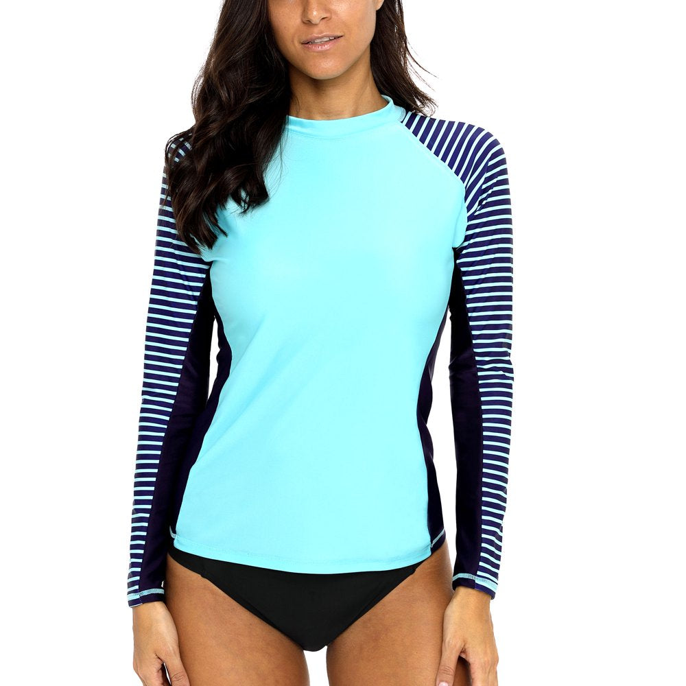 Charmo Women'S Long Sleeve Rashguard UPF 50 Sun Protection Swimsuit Top Striped Swim Shirts
