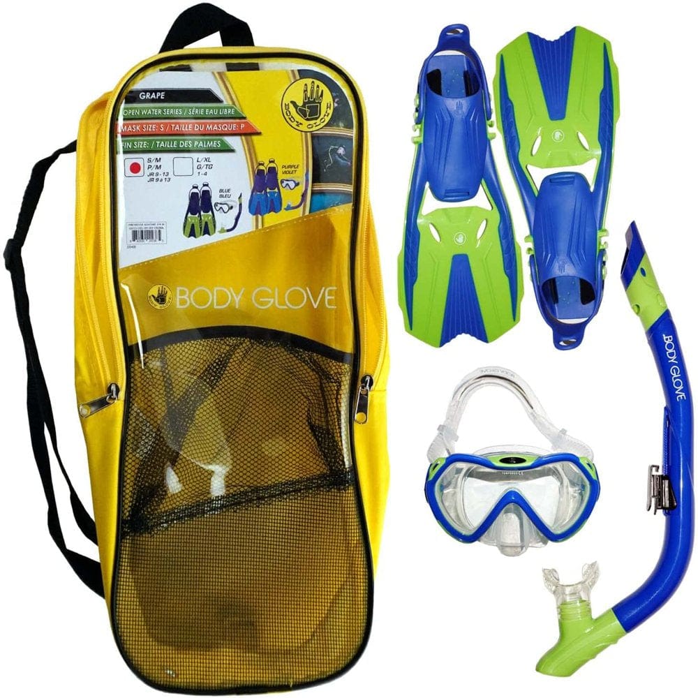 Body Glove Grape Mask Fins and Snorkel Set for Snorkeling, Diving, and Swimming-Tempered Glass-Silicone-Flex Tube-Snorkel Dry Top-Splash Guard-Travel Bag