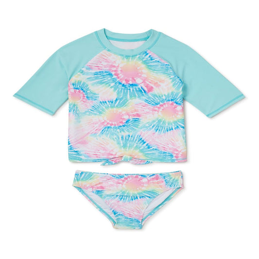 Shelloha Girls Short Sleeve Tie Dye Rash Guard and Bikini Bottoms Swim Set, UPF 50+, 2-Piece, Sizes 4-16