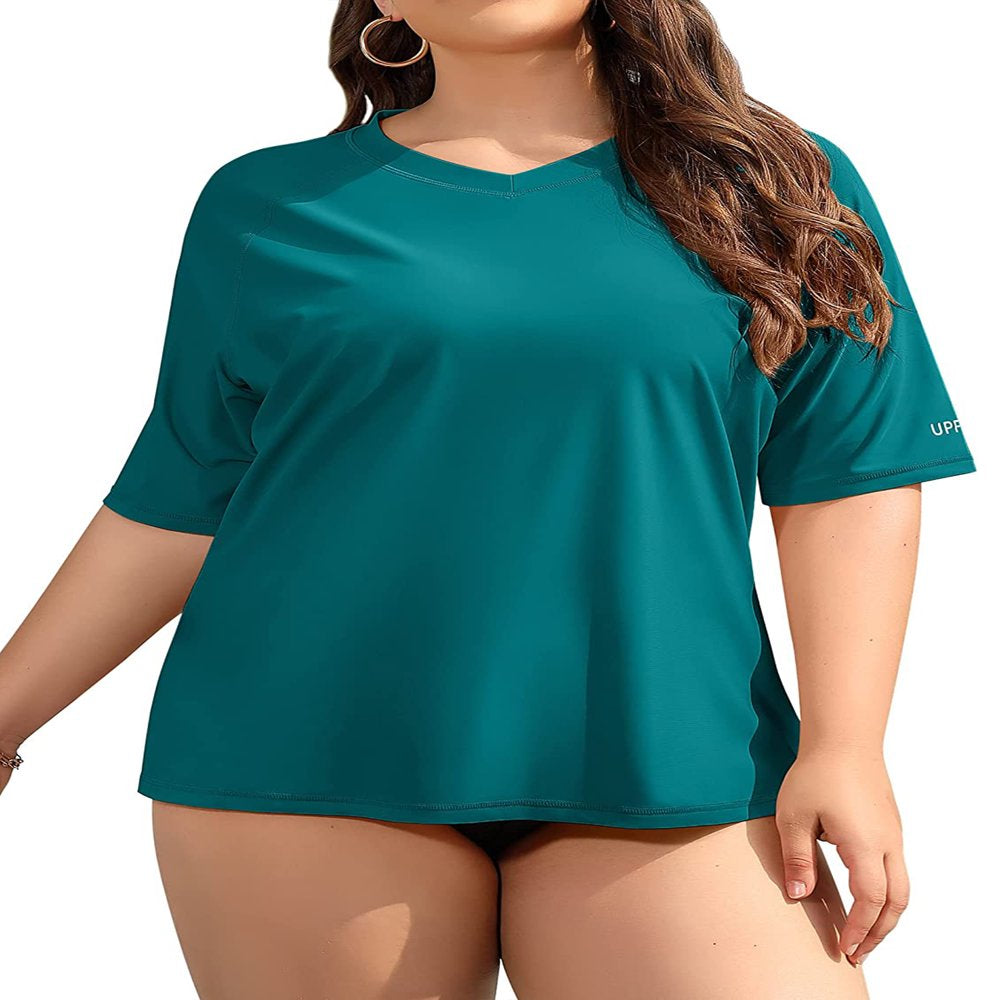 Charmo Women plus Size Rash Guard Short Sleeve Swim Shirt Rashguard Swimwear Top