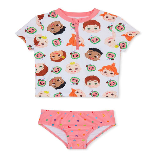 Cocomelon Toddler Girl Short Sleeve Rashguard and Swim Bottom Set, 2-Piece, Sizes 12M-5T