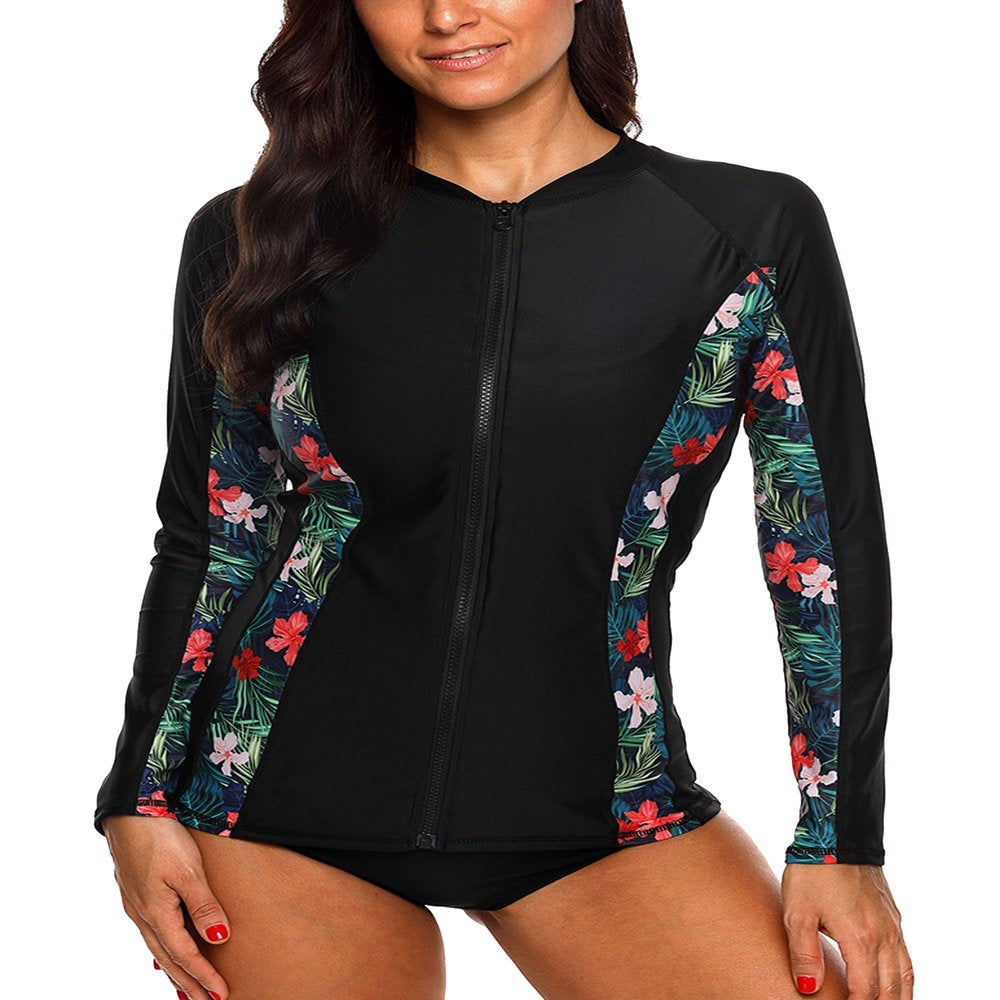 Charmo Women'S Zip Front Long Sleeve Rash Guard Top Sun Protection Swim Shirt