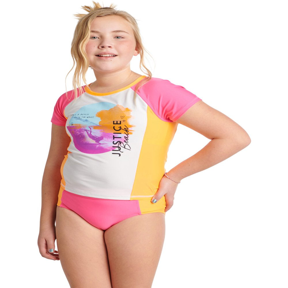 Justice Girls 2 Piece Colorblock Short Sleeve Graphic Rashguard Swimsuit, Sizes 5-18