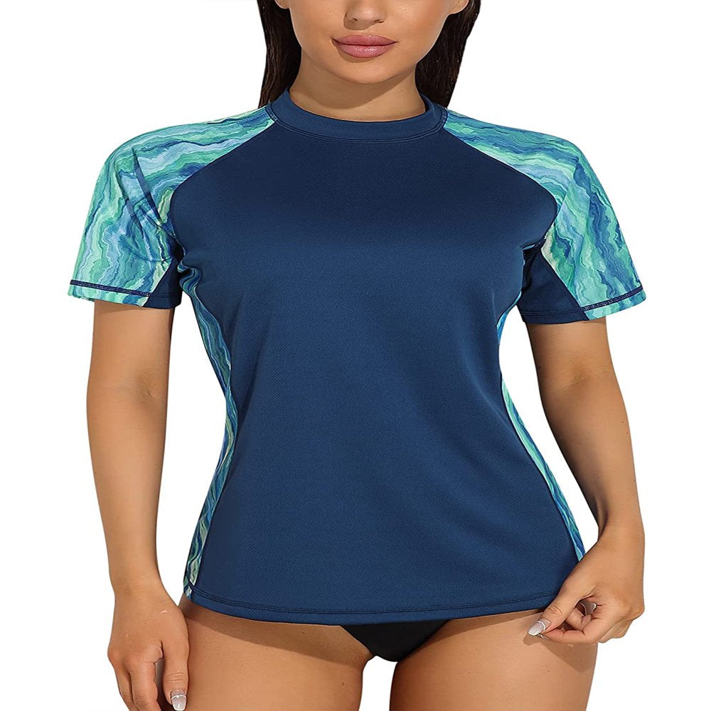 Women'S Printed Short Sleeve Rash Guard Swimwear UPF 50+ Surfing Top Qucik Dry Sport Swim Shirt