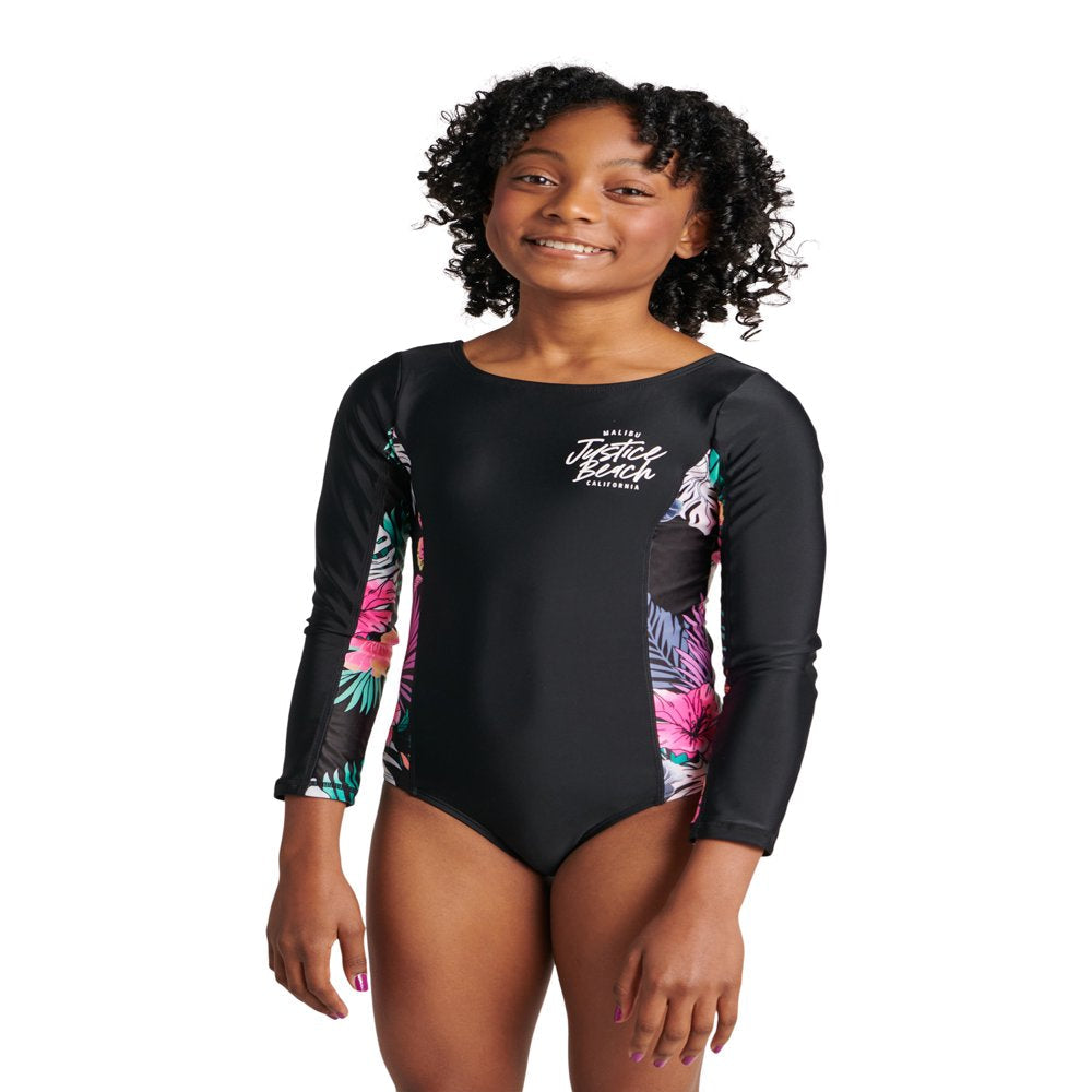 Justice Girls 1 Piece Long Sleeve Rashguard Swimsuit, Sizes 5-18