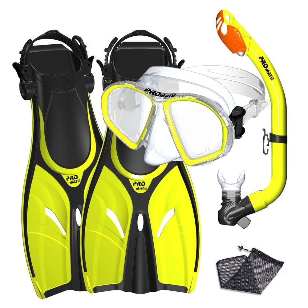 Spectrum Kids Snorkeling Gear Set W/ Dive Mask Snorkel Flippers by Promate, Yellow, LXL