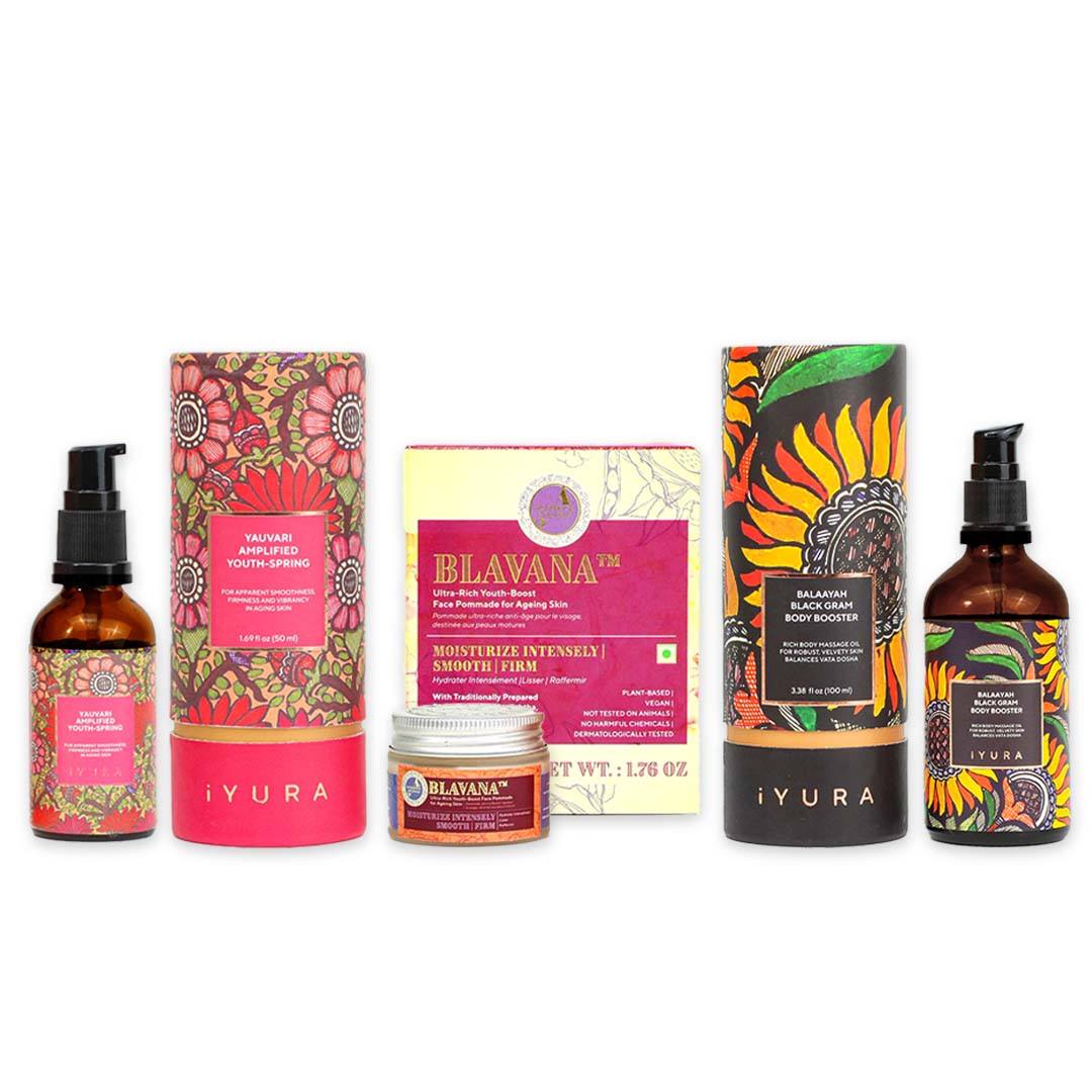 The Ayurveda Experience Black Gram Edit - Face and Body Trio with 2 Aroma Options of Body Oil Skin Care A Modernica Naturalis MEDITATIVE FRANKINCENSE AND WARM VANILLA